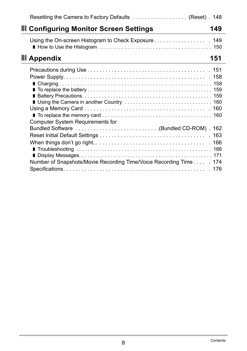 Configuring monitor screen settings 149, Appendix 151 | Casio EX-Z2000 User Manual | Page 8 / 195