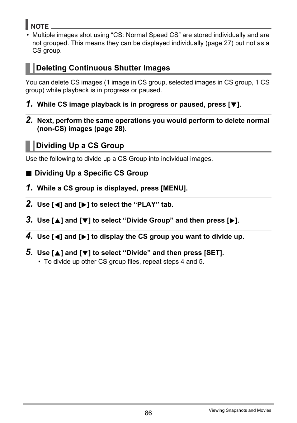 Deleting continuous shutter images, Dividing up a cs group | Casio EX-Z2000 User Manual | Page 86 / 195