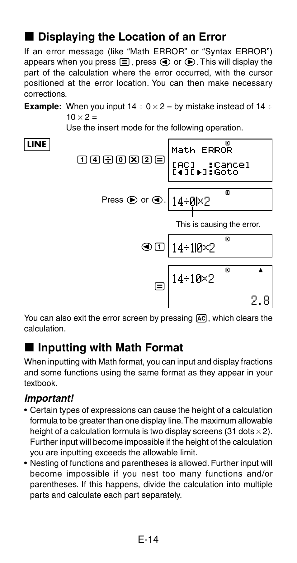 K displaying the location of an error, K inputting with math format | Casio fx-115ES User Manual | Page 16 / 75