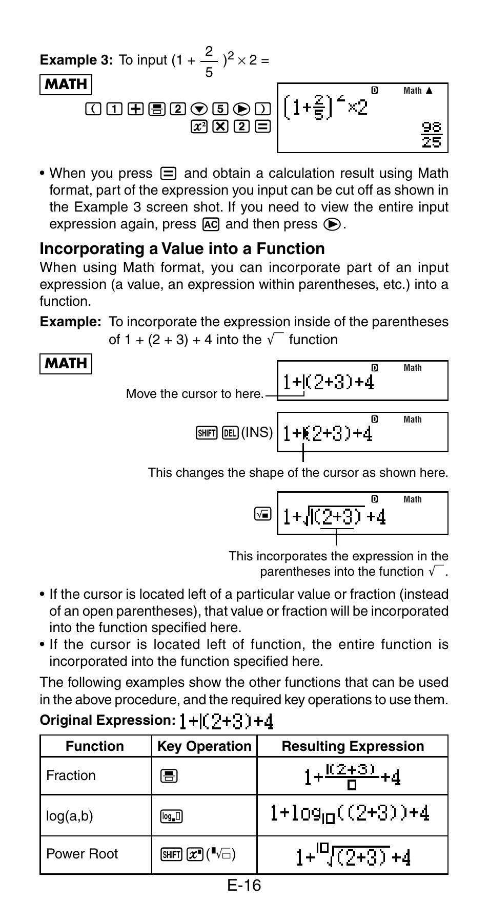 E-16, Incorporating a value into a function | Casio fx-115ES User Manual | Page 18 / 75