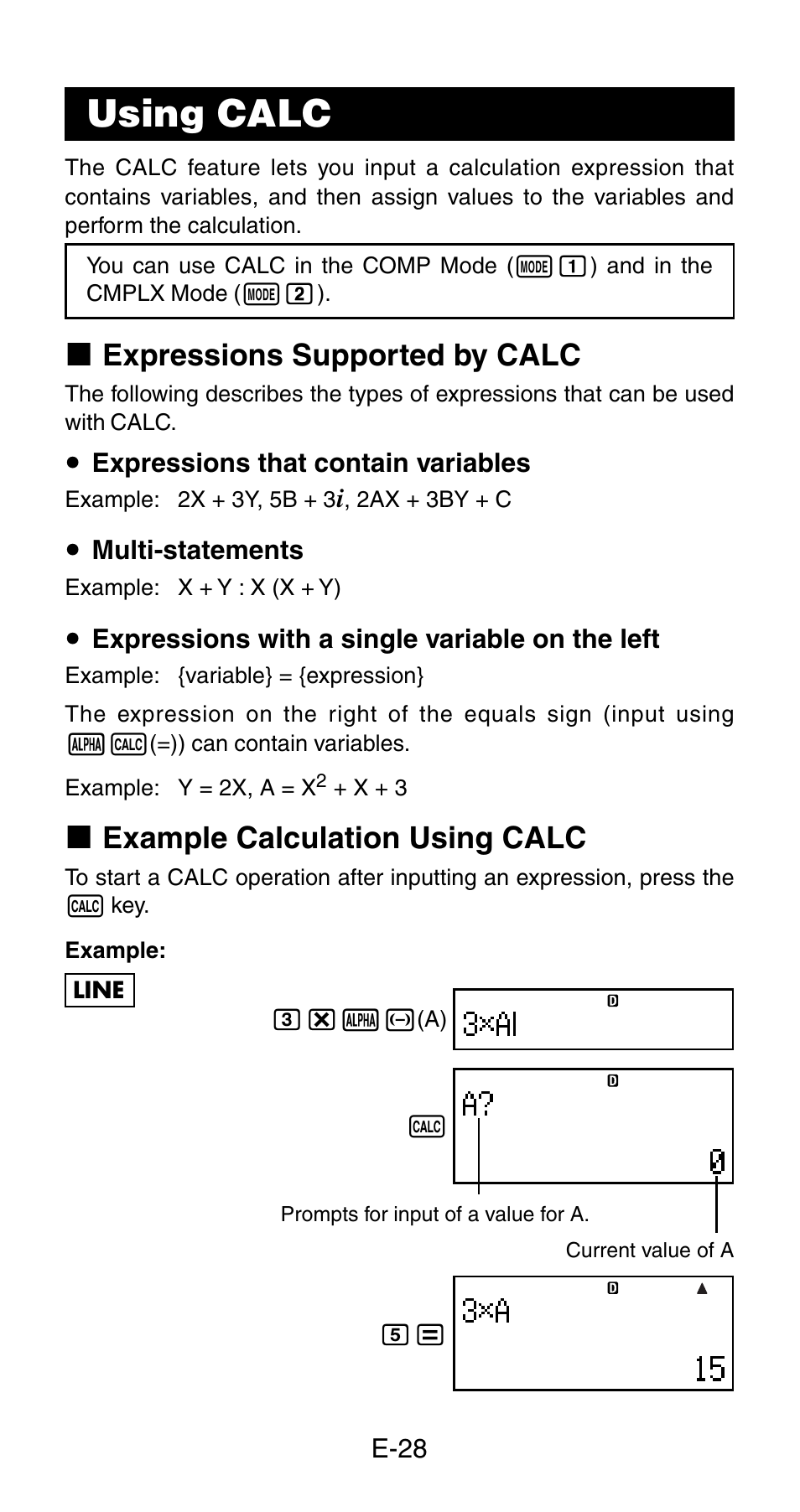 Using calc, K expressions supported by calc, K example calculation using calc | Casio fx-115ES User Manual | Page 30 / 75