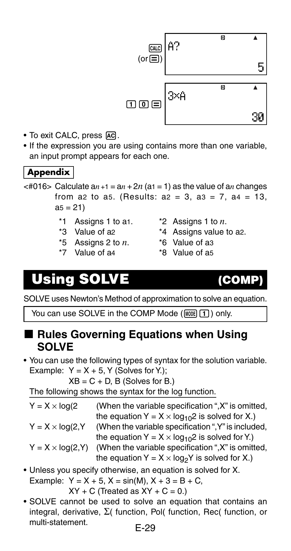 Using solve, Comp), K rules governing equations when using solve | Casio fx-115ES User Manual | Page 31 / 75