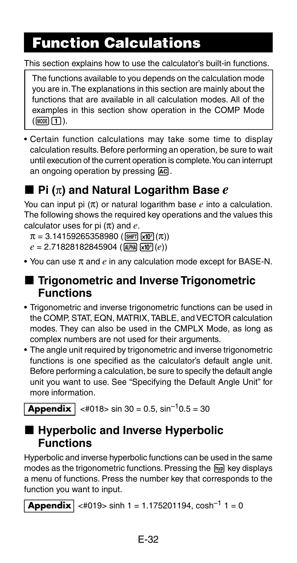 Function calculations, K pi ( π ) and natural logarithm base, K hyperbolic and inverse hyperbolic functions | Casio fx-115ES User Manual | Page 34 / 75