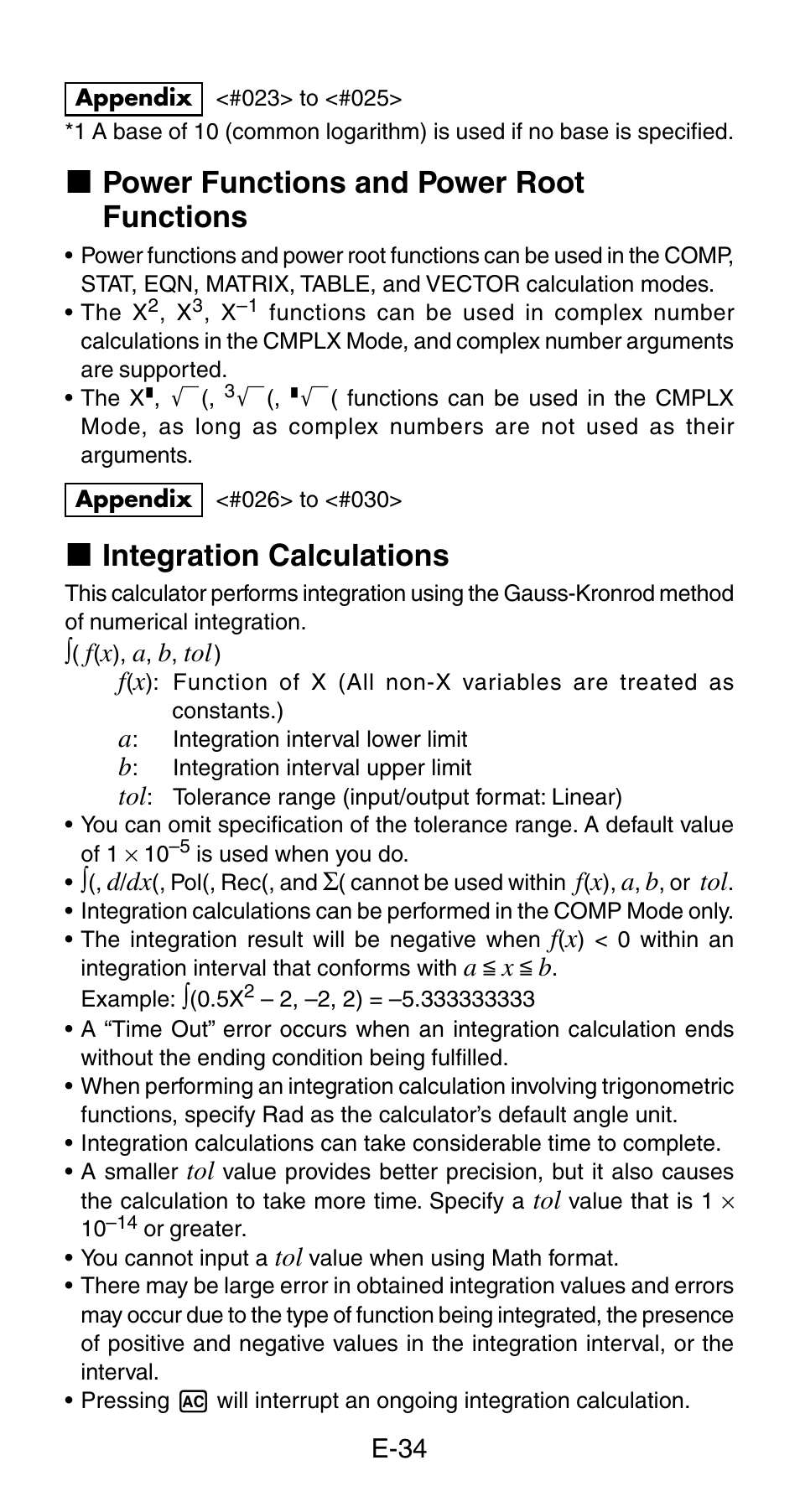 K power functions and power root functions, K integration calculations | Casio fx-115ES User Manual | Page 36 / 75