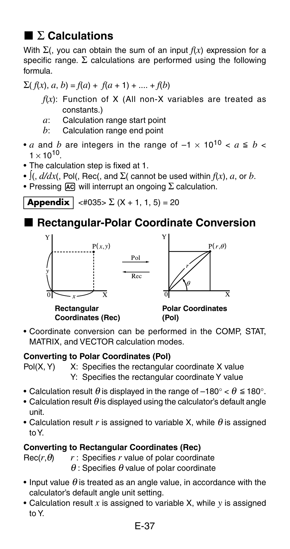 Calculations, K rectangular-polar coordinate conversion | Casio fx-115ES User Manual | Page 39 / 75
