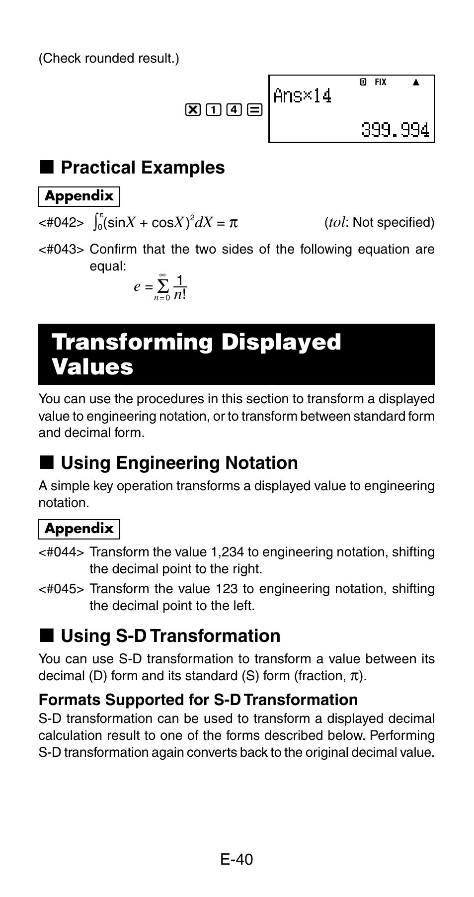 Transforming displayed values, K practical examples, K using engineering notation | K using s-d transformation | Casio fx-115ES User Manual | Page 42 / 75