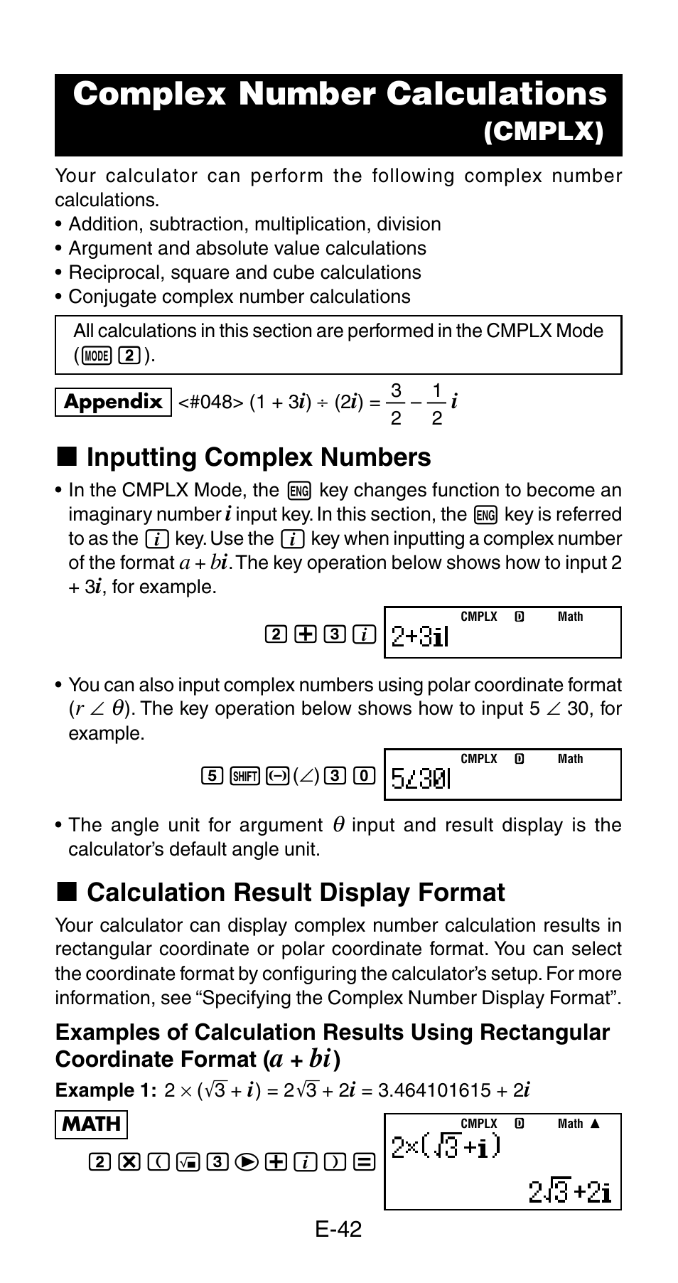 Complex number calculations, Cmplx), K inputting complex numbers | K calculation result display format | Casio fx-115ES User Manual | Page 44 / 75