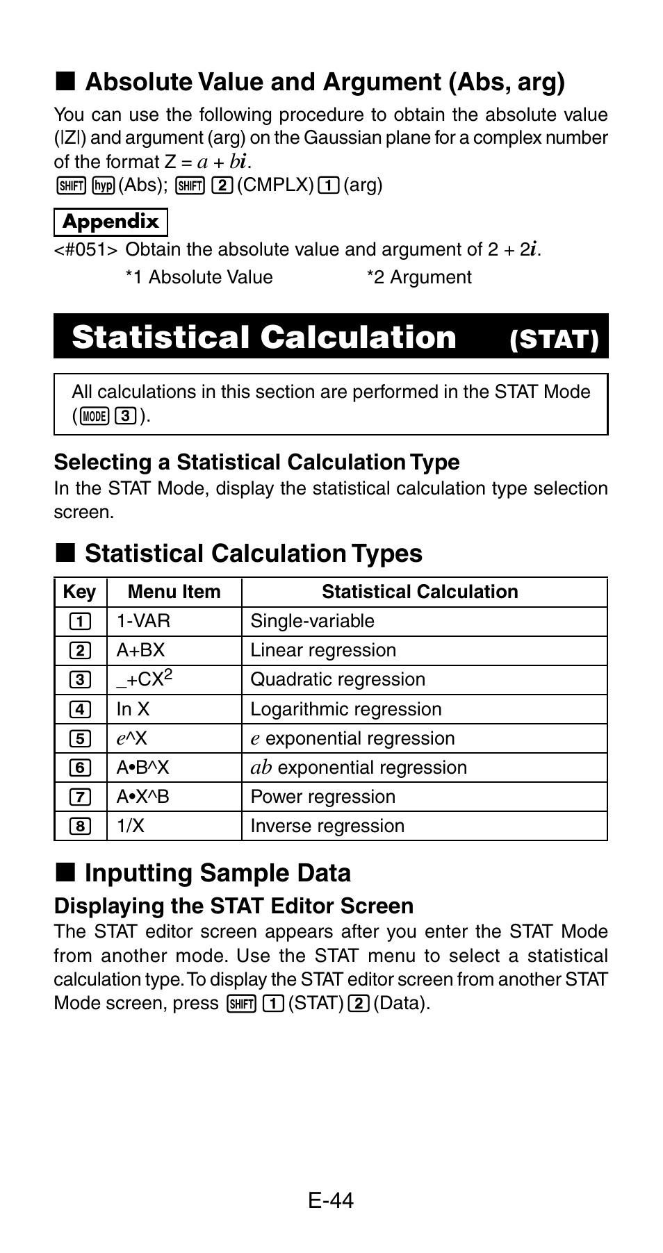 Statistical calculation, K absolute value and argument (abs, arg), Stat) | K statistical calculation types, K inputting sample data | Casio fx-115ES User Manual | Page 46 / 75