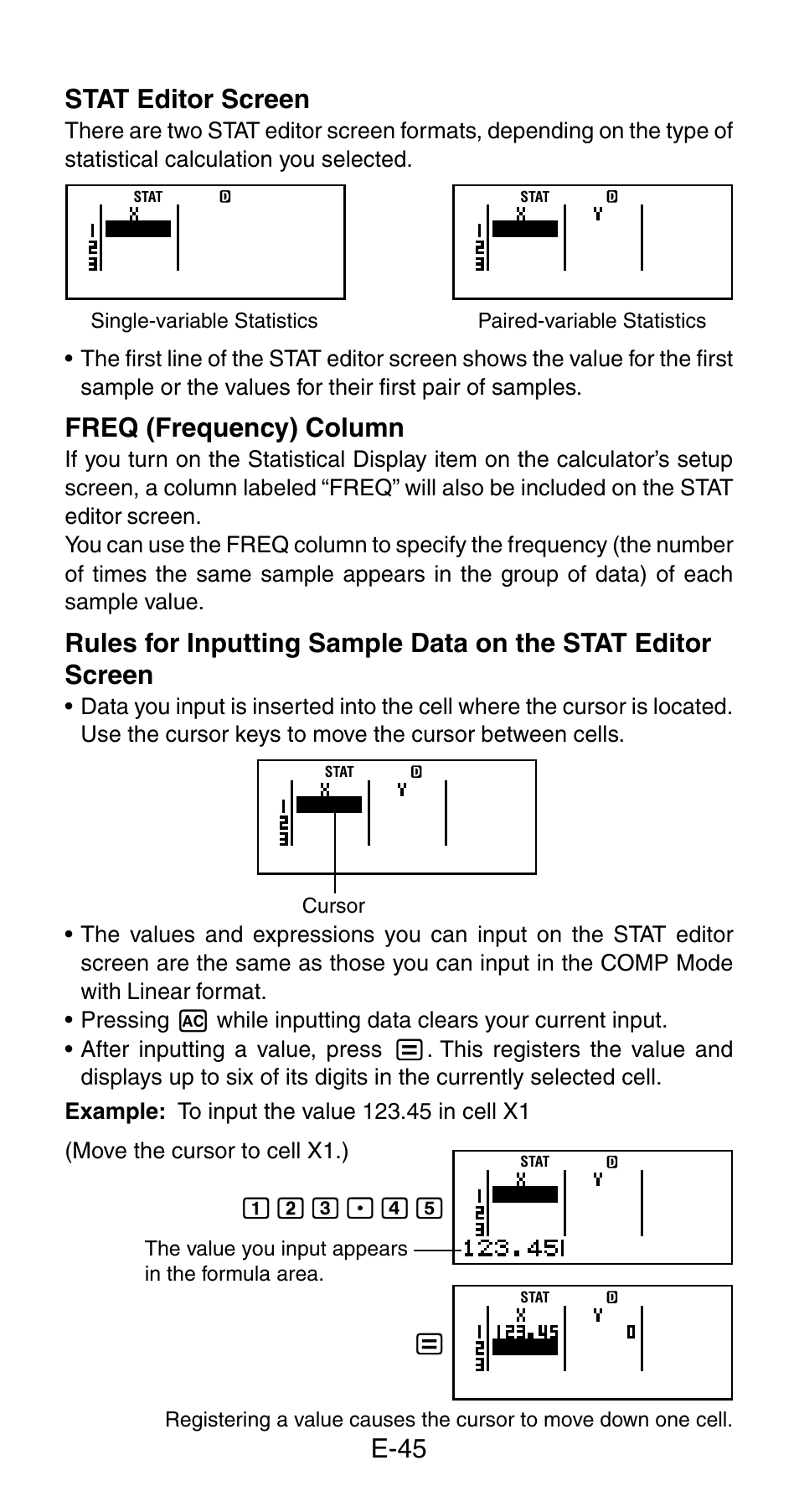 E-45 stat editor screen, Freq (frequency) column | Casio fx-115ES User Manual | Page 47 / 75
