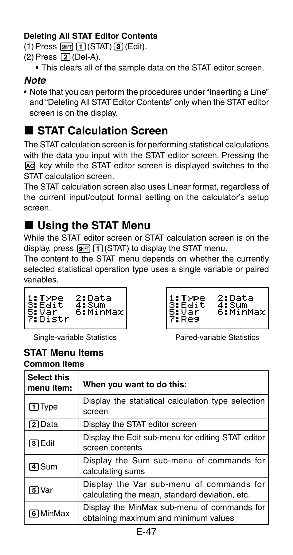K stat calculation screen, K using the stat menu | Casio fx-115ES User Manual | Page 49 / 75