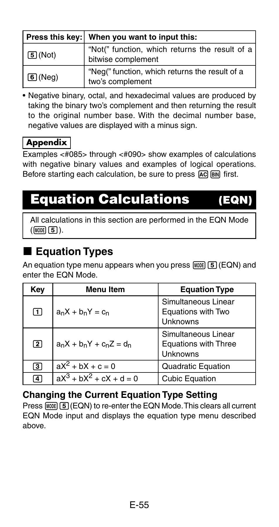 Equation calculations, Eqn), K equation types | Casio fx-115ES User Manual | Page 57 / 75