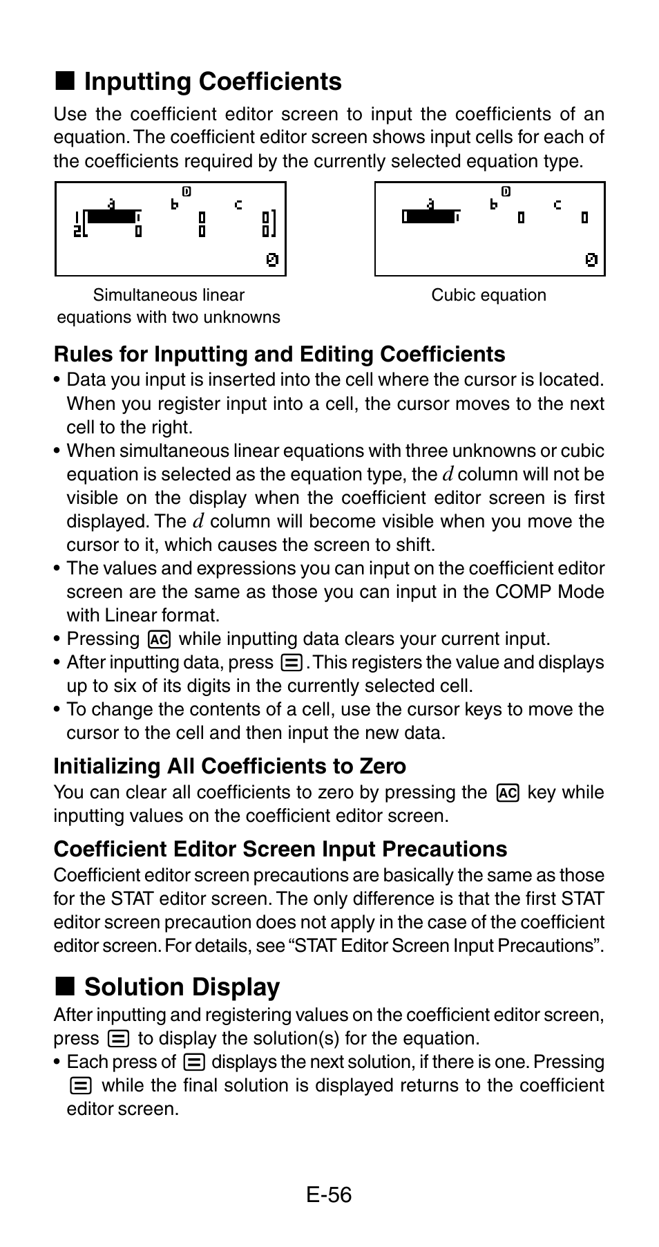 K inputting coefficients, K solution display | Casio fx-115ES User Manual | Page 58 / 75