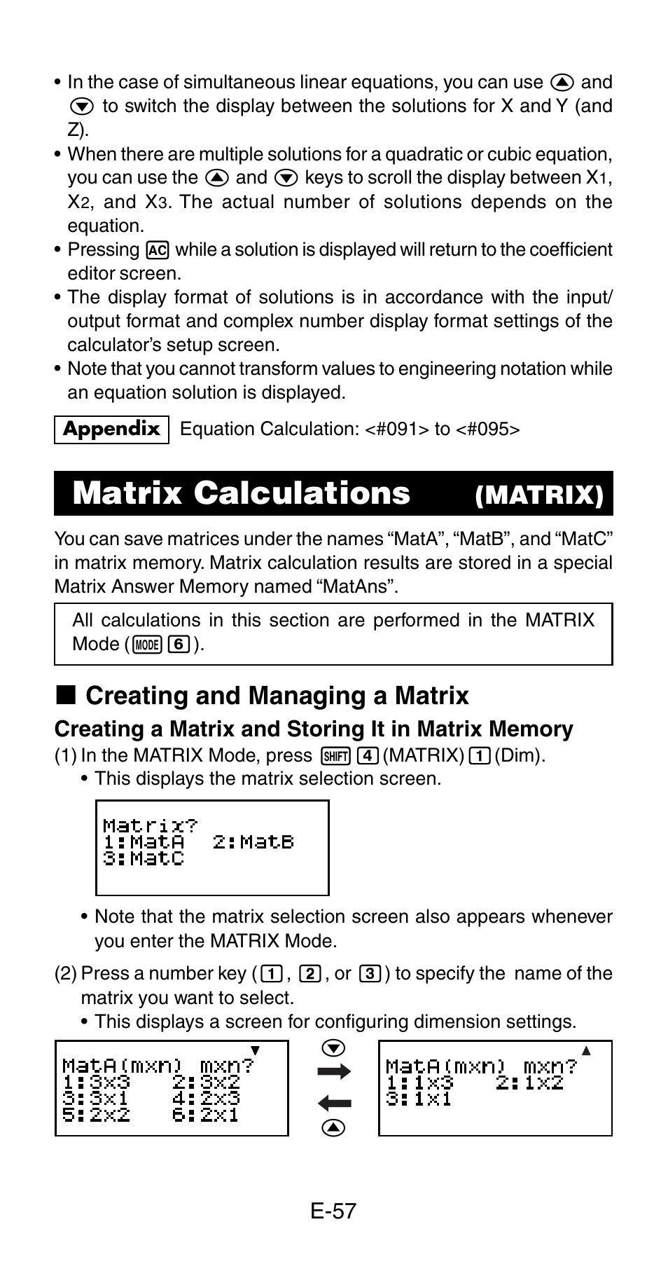 Matrix calculations, Matrix), K creating and managing a matrix | Casio fx-115ES User Manual | Page 59 / 75