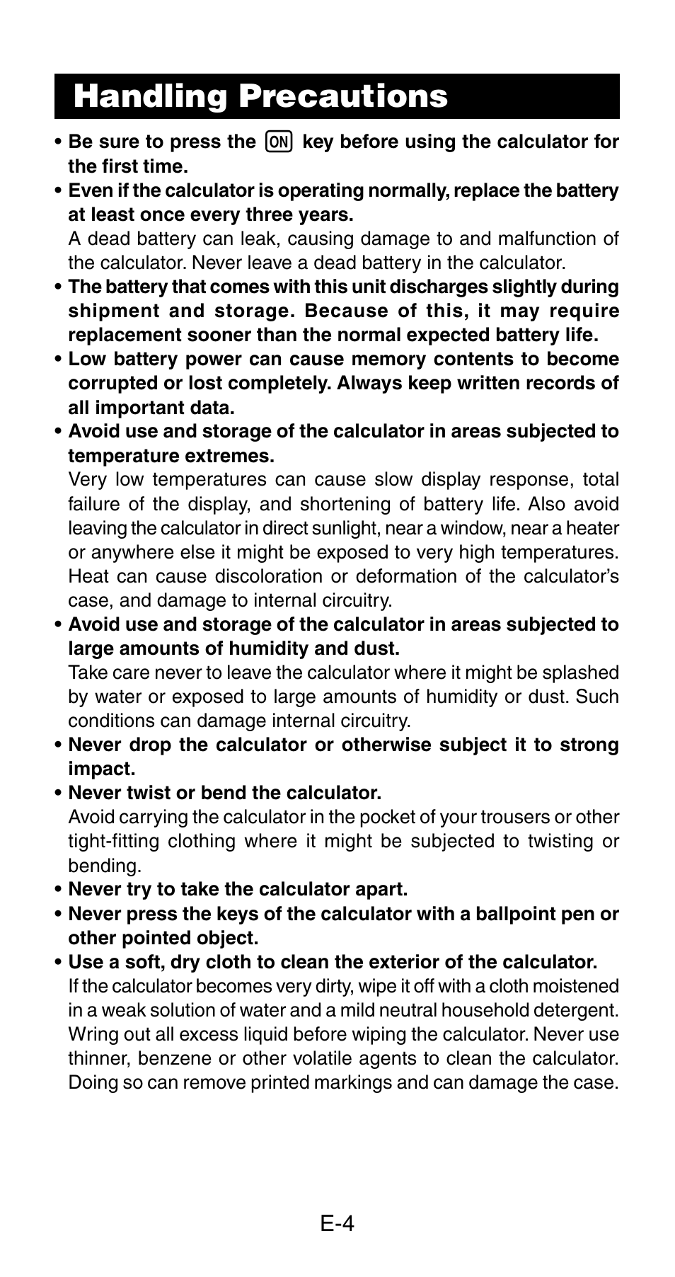 Handling precautions | Casio fx-115ES User Manual | Page 6 / 75