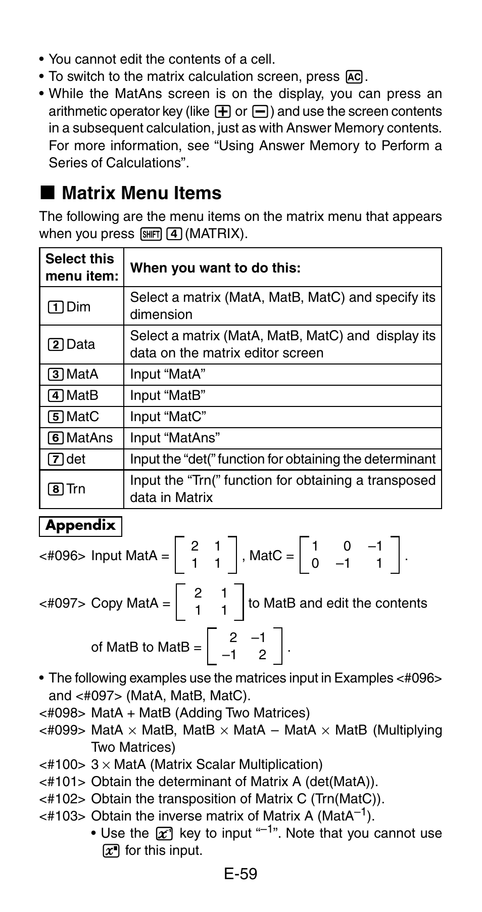 K matrix menu items | Casio fx-115ES User Manual | Page 61 / 75