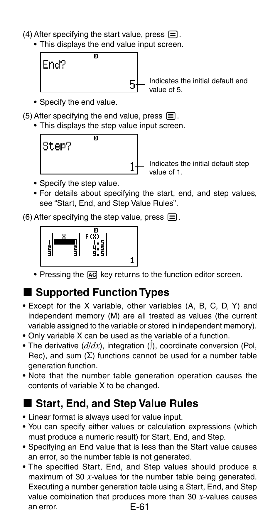 K supported function types, K start, end, and step value rules | Casio fx-115ES User Manual | Page 63 / 75