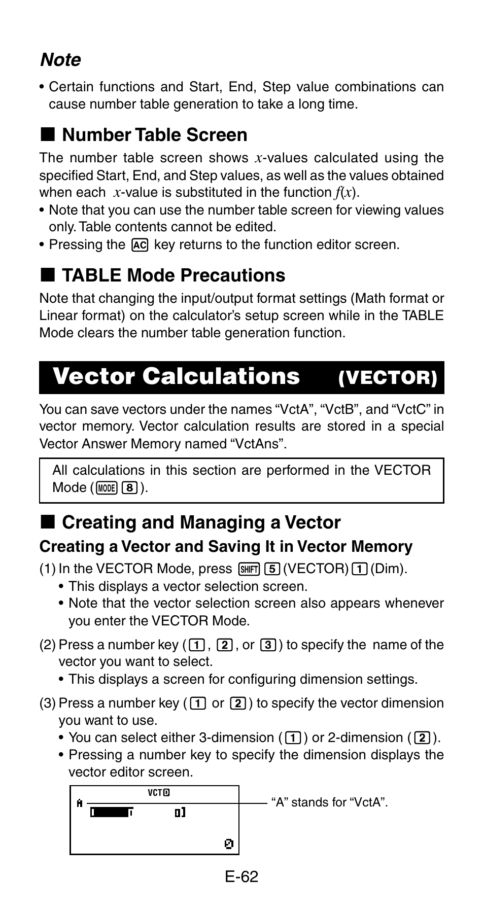 Vector calculations, K number table screen, K table mode precautions | Vector), K creating and managing a vector | Casio fx-115ES User Manual | Page 64 / 75