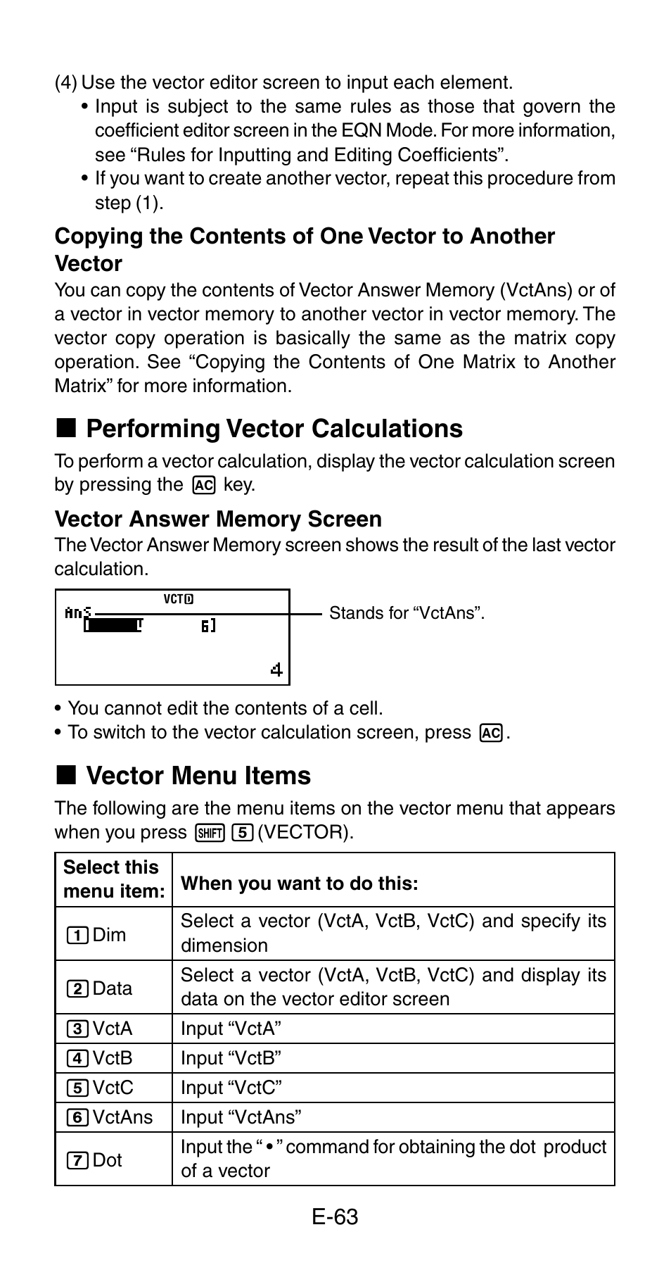 K performing vector calculations, K vector menu items | Casio fx-115ES User Manual | Page 65 / 75