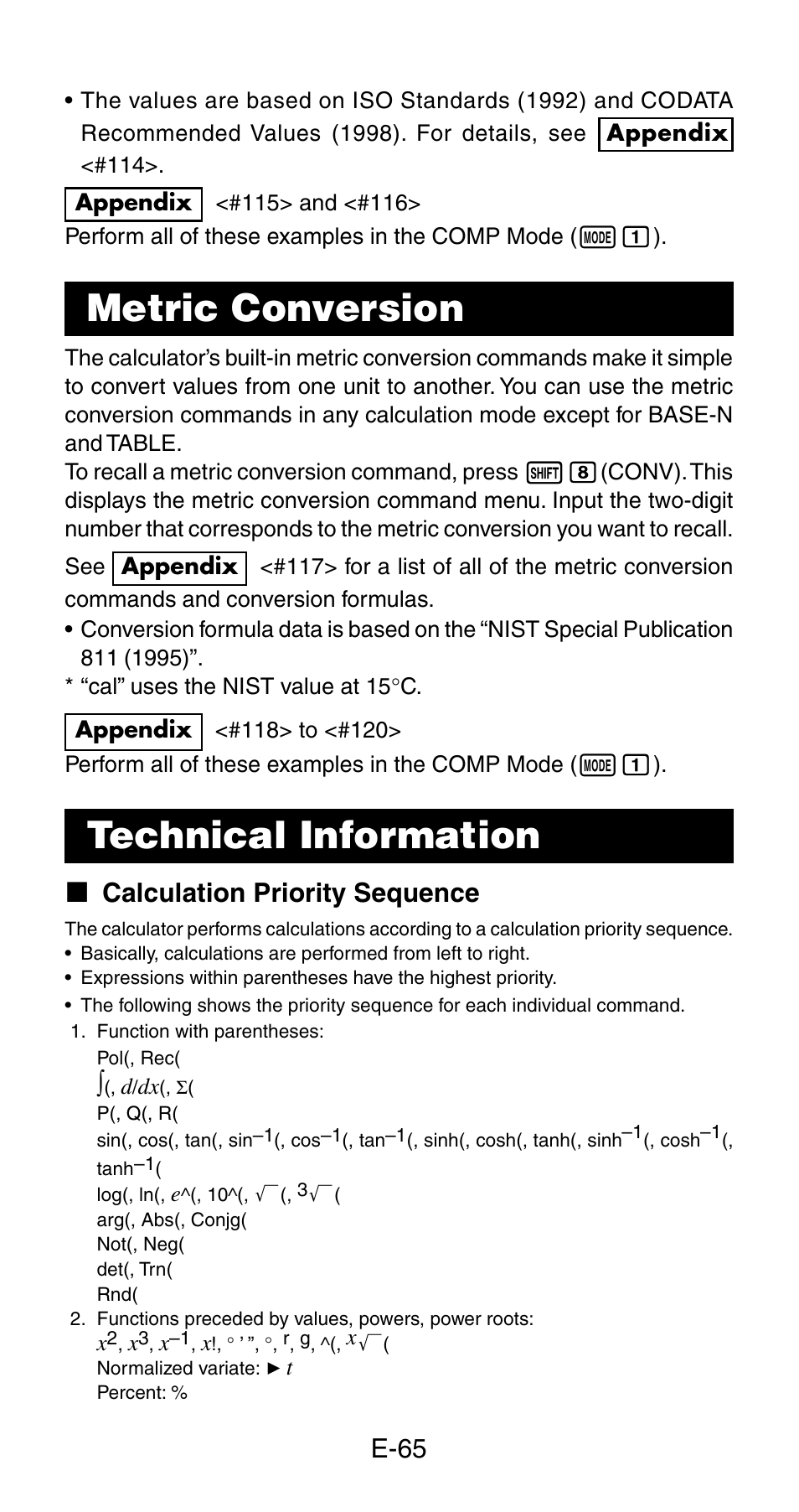Metric conversion, Technical information, E-65 | K calculation priority sequence | Casio fx-115ES User Manual | Page 67 / 75
