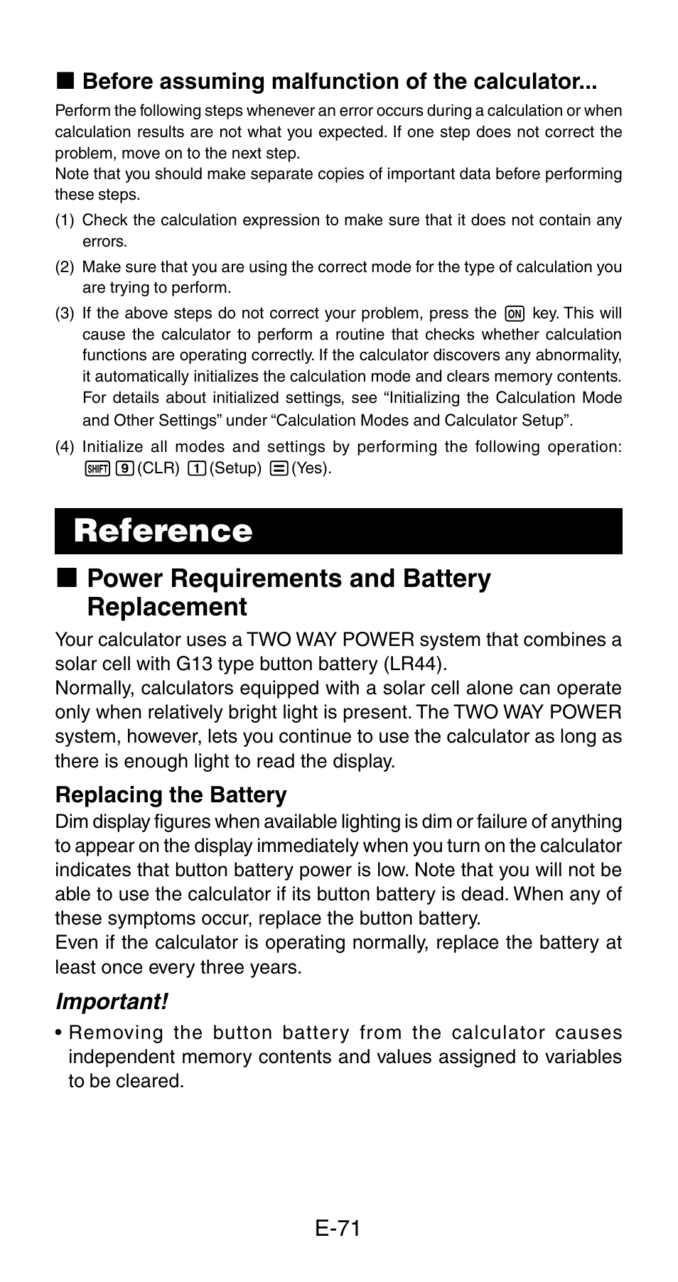 Reference, K power requirements and battery replacement | Casio fx-115ES User Manual | Page 73 / 75