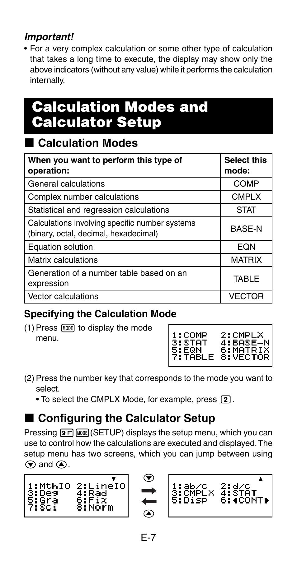 Calculation modes and calculator setup, K calculation modes, K configuring the calculator setup | Casio fx-115ES User Manual | Page 9 / 75