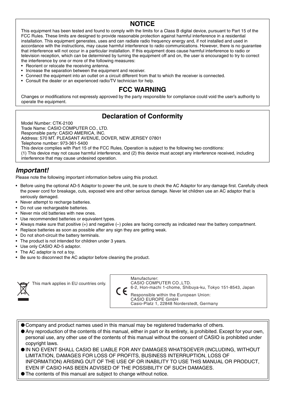 Important, Notice, Fcc warning | Declaration of conformity | Casio CTK2100ES1A User Manual | Page 2 / 46