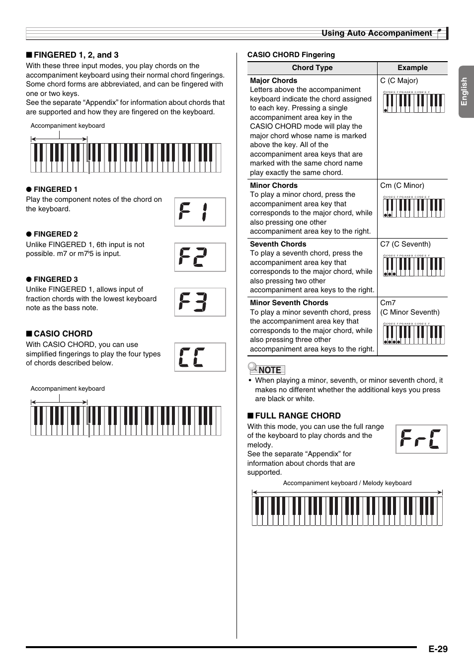 E-29, Using auto accompaniment, Fingered 1, 2, and 3 | Casio chord, Full range chord, English, Accompaniment keyboard, Accompaniment keyboard / melody keyboard | Casio CTK2100ES1A User Manual | Page 31 / 46