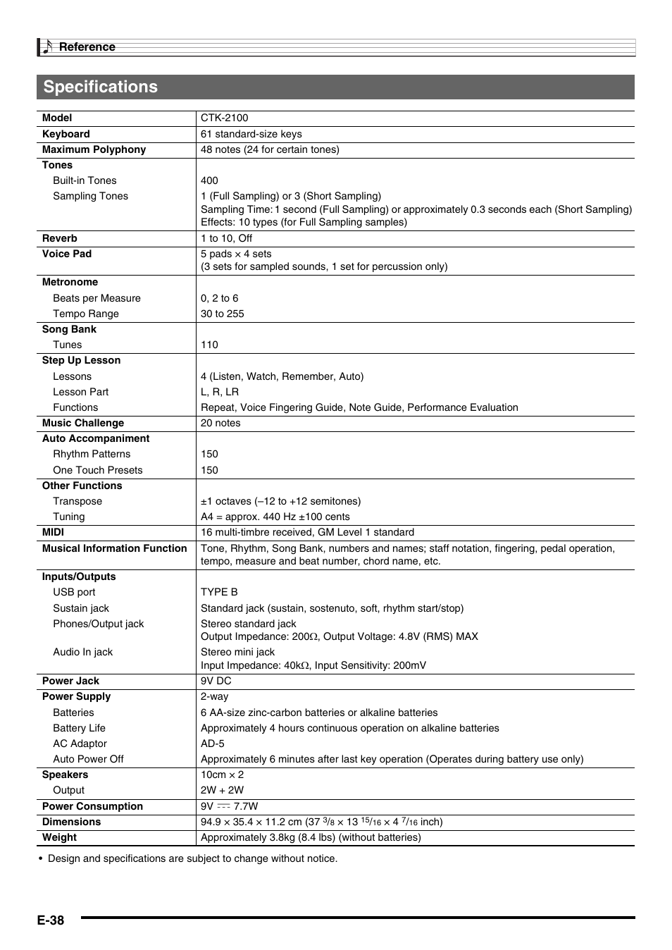 Specifications, E-38 | Casio CTK2100ES1A User Manual | Page 40 / 46