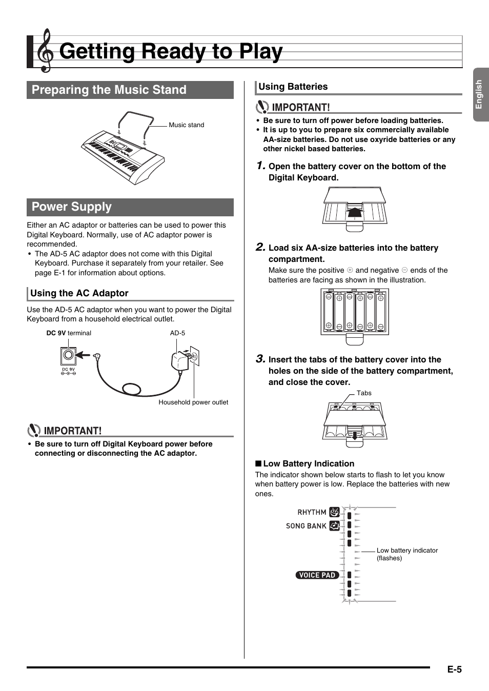 Getting ready to play, Preparing the music stand power supply | Casio CTK2100ES1A User Manual | Page 7 / 46