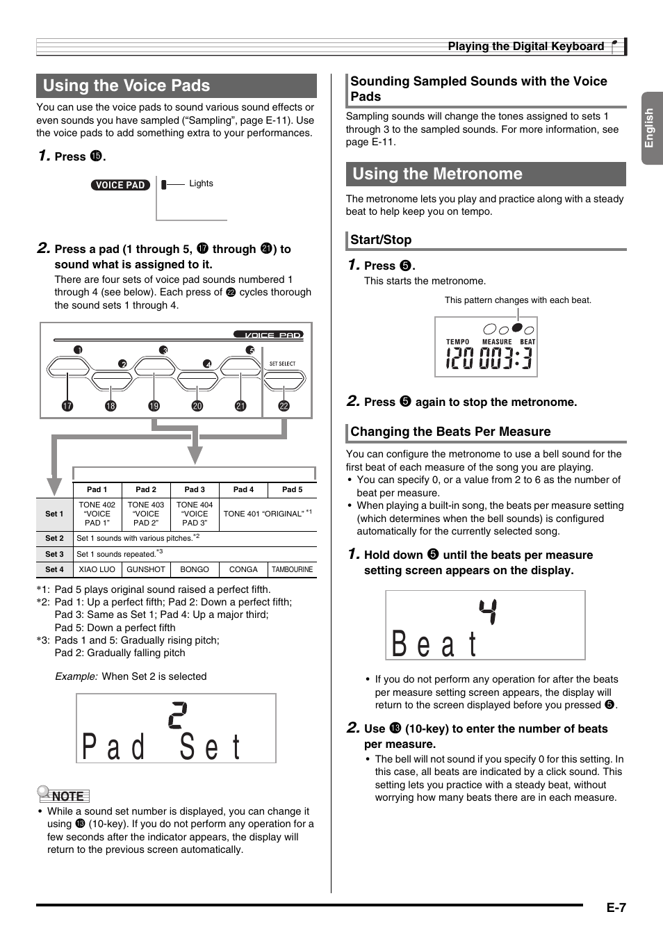 B e a t, Using the voice pads, Using the metronome | Br bs bt ck cl cm | Casio CTK2100ES1A User Manual | Page 9 / 46