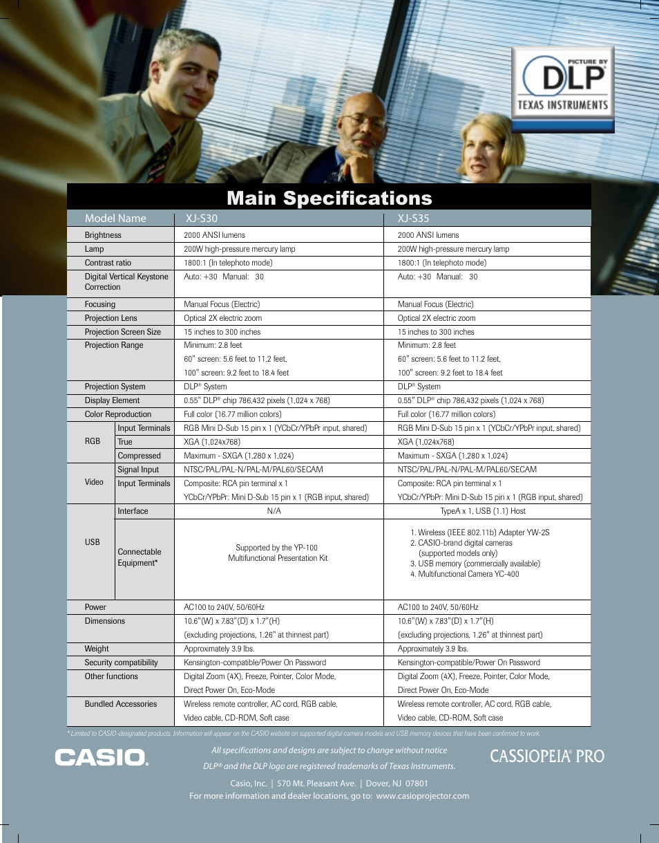 Main specifications, Model name xj-s30 xj-s35 | Casio XJ-S30 User Manual | Page 2 / 2