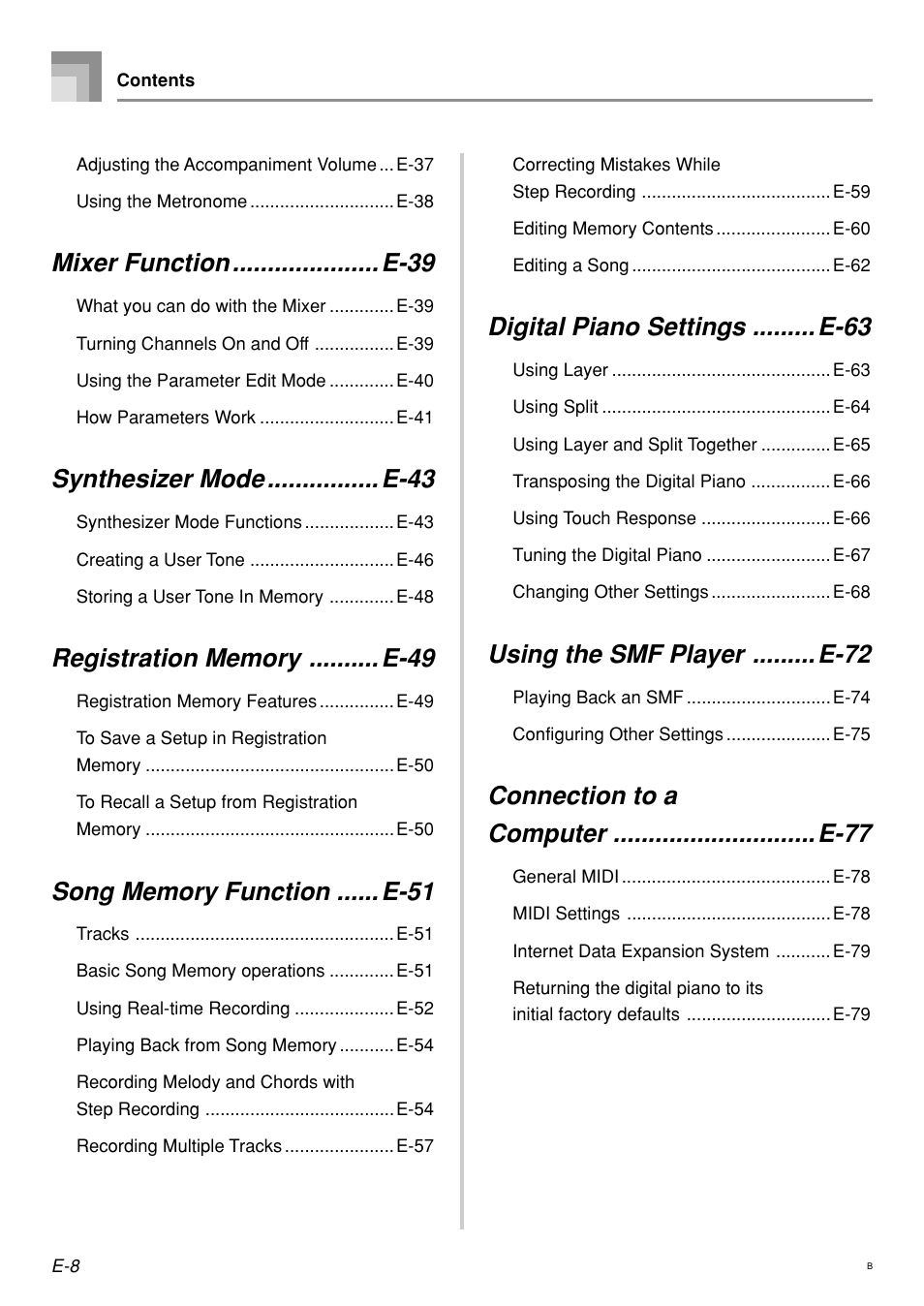 Mixer function ..................... e-39, Synthesizer mode ................ e-43, Digital piano settings ......... e-63 | Using the smf player ......... e-72 | Casio PX410R User Manual | Page 10 / 100