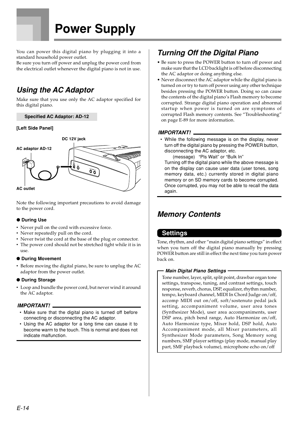 Power supply, Using the ac adaptor, Turning off the digital piano | Settings | Casio PX410R User Manual | Page 16 / 100