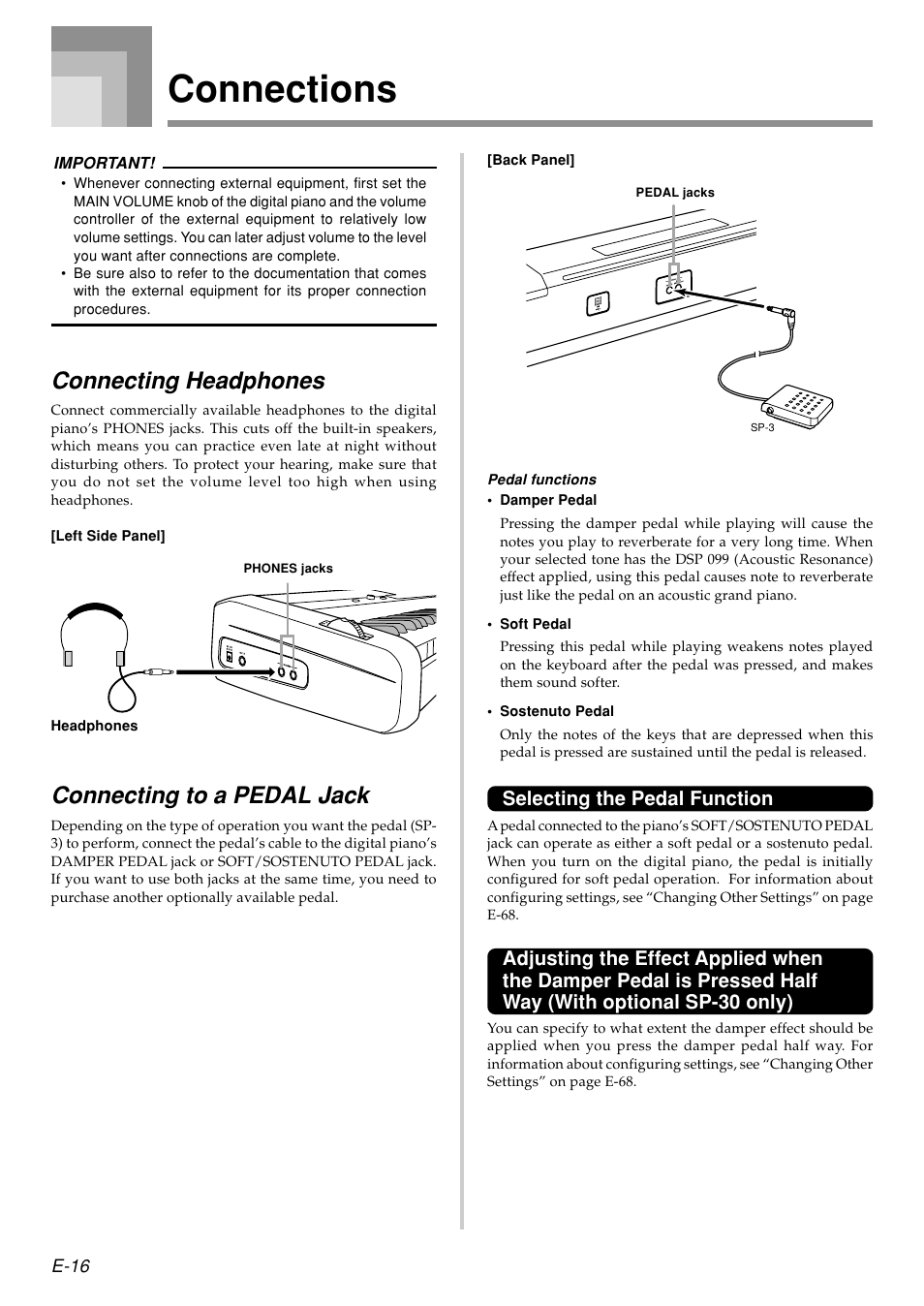 Connections, Connecting headphones, Connecting to a pedal jack | Selecting the pedal function | Casio PX410R User Manual | Page 18 / 100