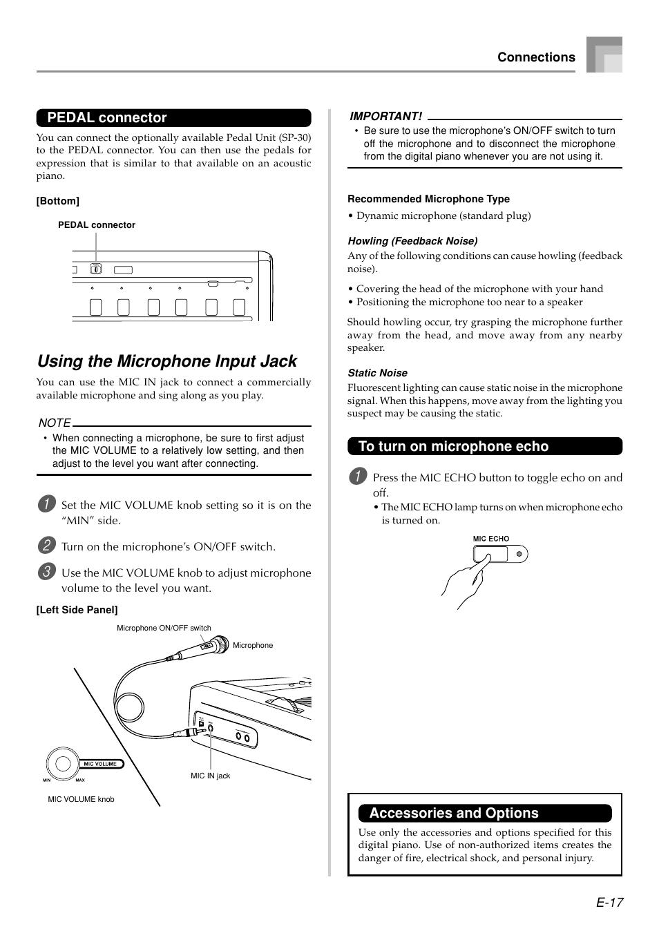 Using the microphone input jack, Pedal connector, Accessories and options | Casio PX410R User Manual | Page 19 / 100