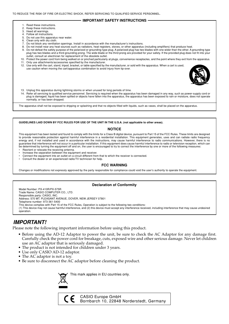 Important | Casio PX410R User Manual | Page 2 / 100