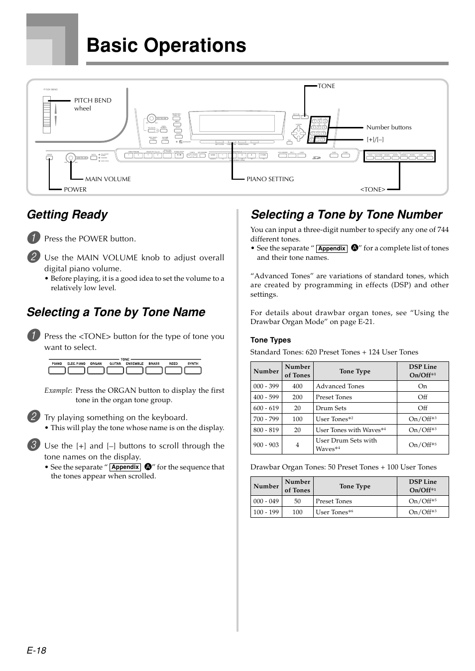 Basic operations, Getting ready, Selecting a tone by tone name | Selecting a tone by tone number, E-18 | Casio PX410R User Manual | Page 20 / 100