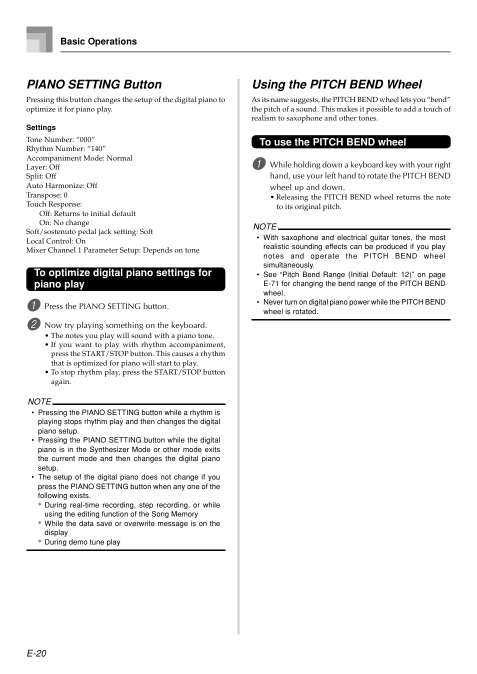 Using the pitch bend wheel, Piano setting button | Casio PX410R User Manual | Page 22 / 100