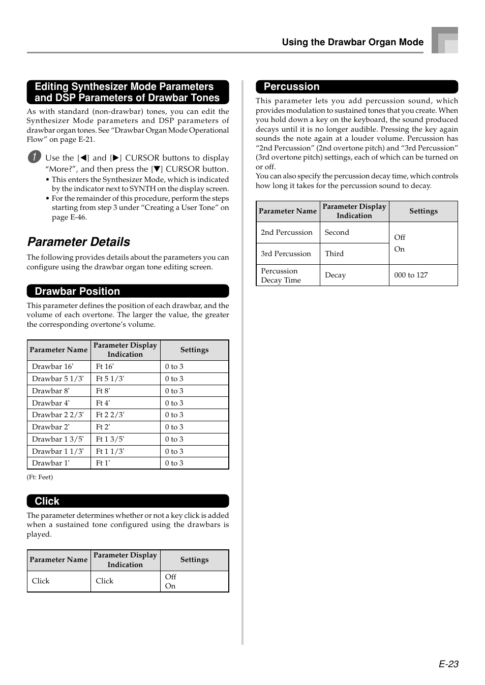 Parameter details, Drawbar position, Click | Percussion | Casio PX410R User Manual | Page 25 / 100