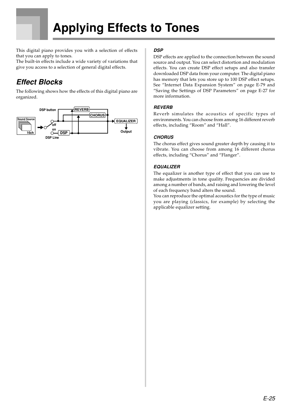 Applying effects to tones, Effect blocks, E-25 | Casio PX410R User Manual | Page 27 / 100