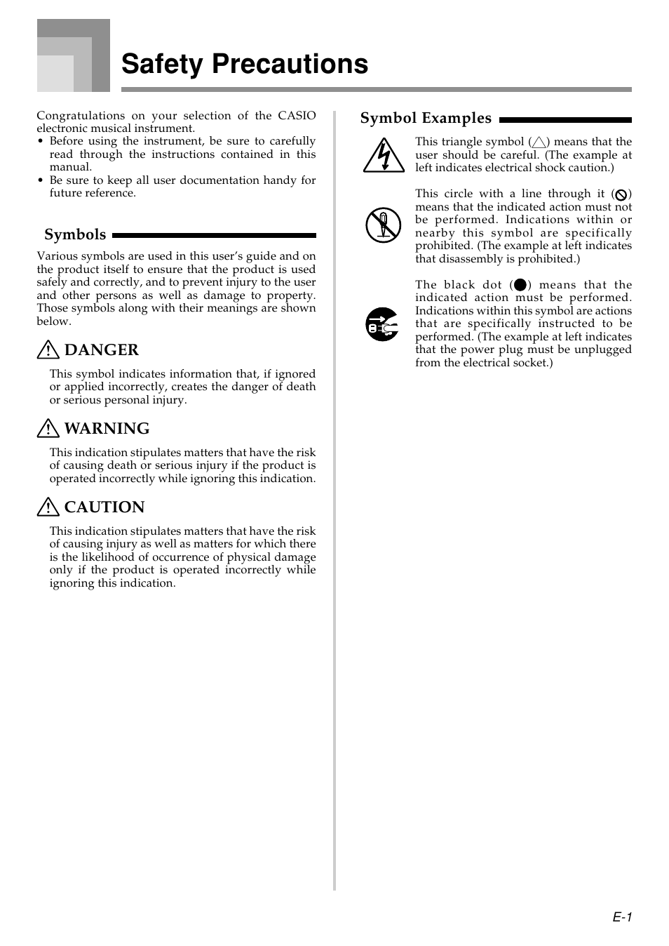 Safety precautions, Danger, Warning | Caution, Symbols, Symbol examples | Casio PX410R User Manual | Page 3 / 100