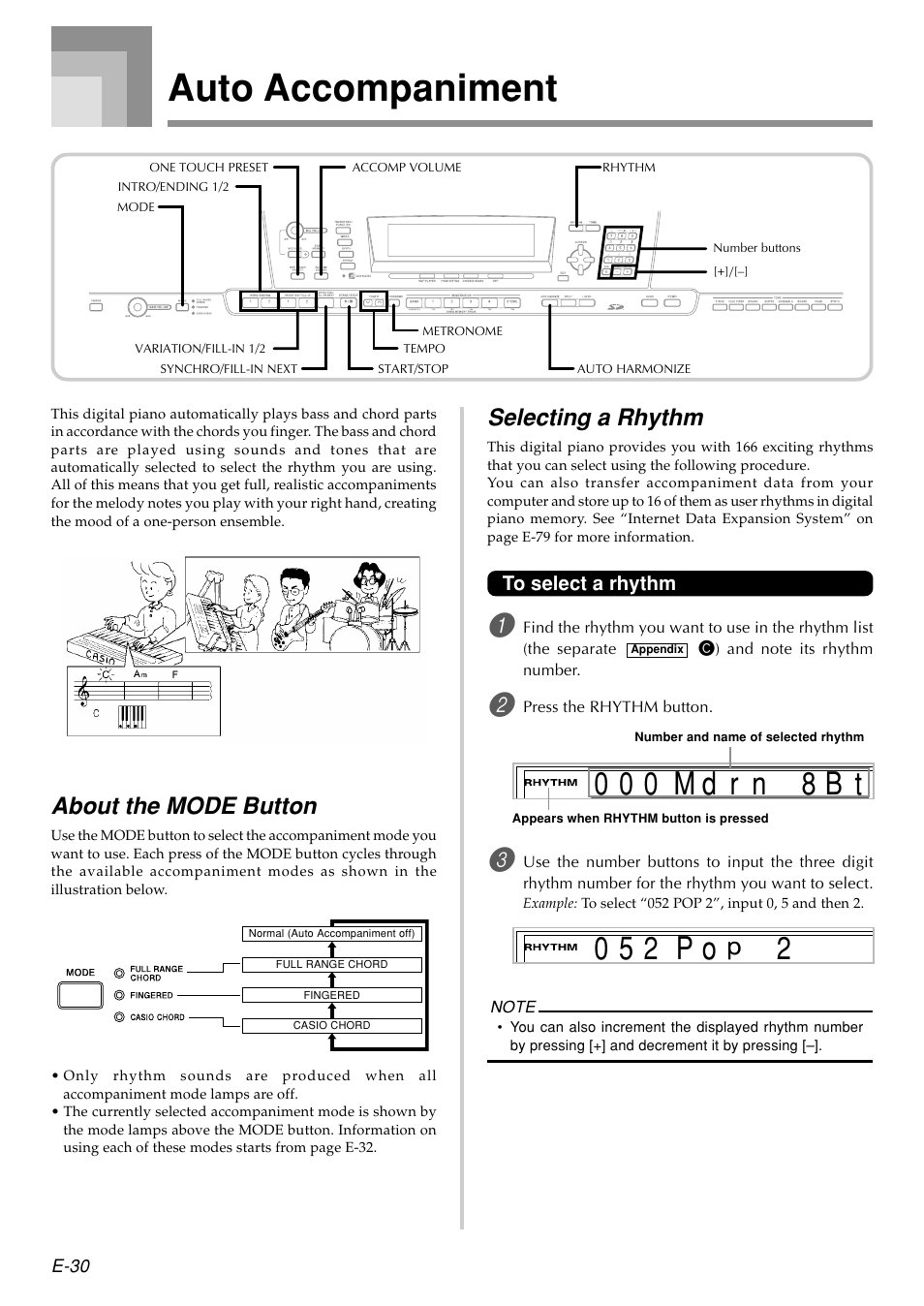 Auto accompaniment, M d r 0 0 0 n 8 b t p o, About the mode button | Selecting a rhythm | Casio PX410R User Manual | Page 32 / 100