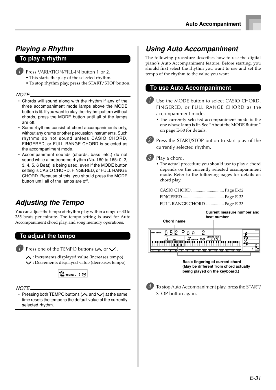 Playing a rhythm, Adjusting the tempo, Using auto accompaniment | Casio PX410R User Manual | Page 33 / 100