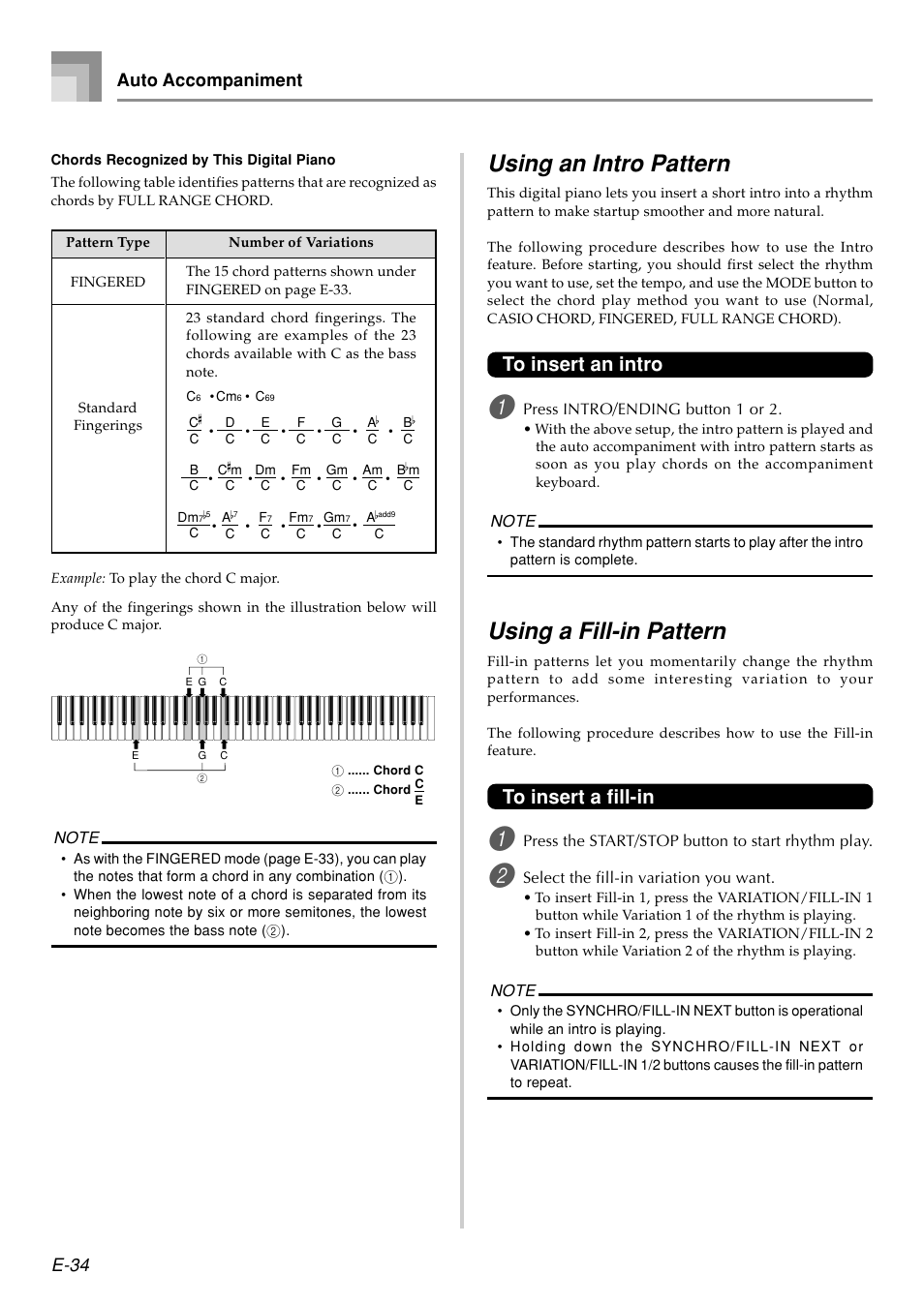 Using an intro pattern, Using a fill-in pattern, E-34 | Auto accompaniment | Casio PX410R User Manual | Page 36 / 100