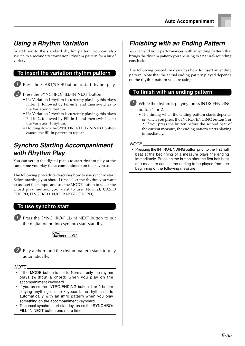 Using a rhythm variation, Synchro starting accompaniment with rhythm play, Finishing with an ending pattern | Casio PX410R User Manual | Page 37 / 100