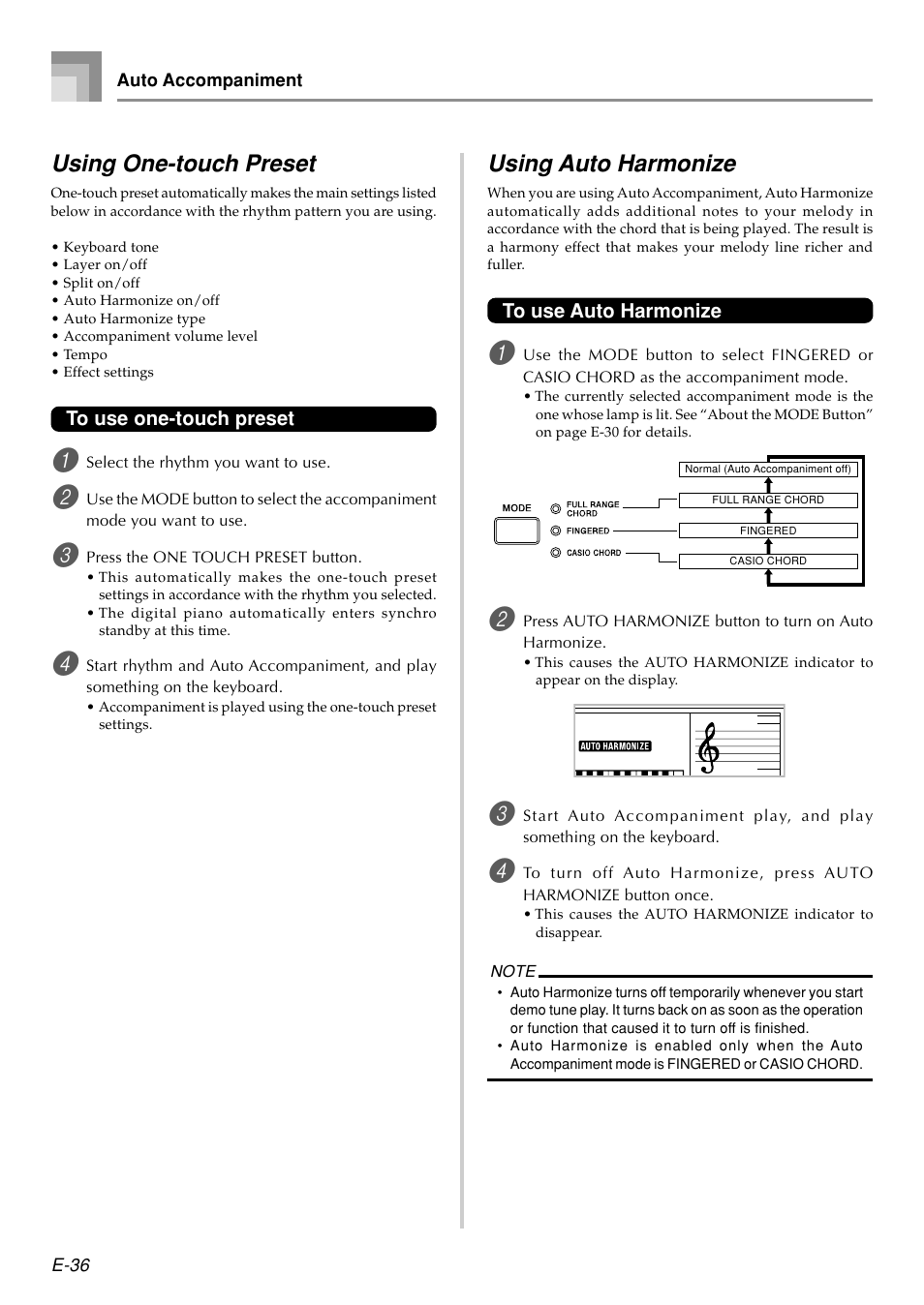 Using one-touch preset, Using auto harmonize | Casio PX410R User Manual | Page 38 / 100