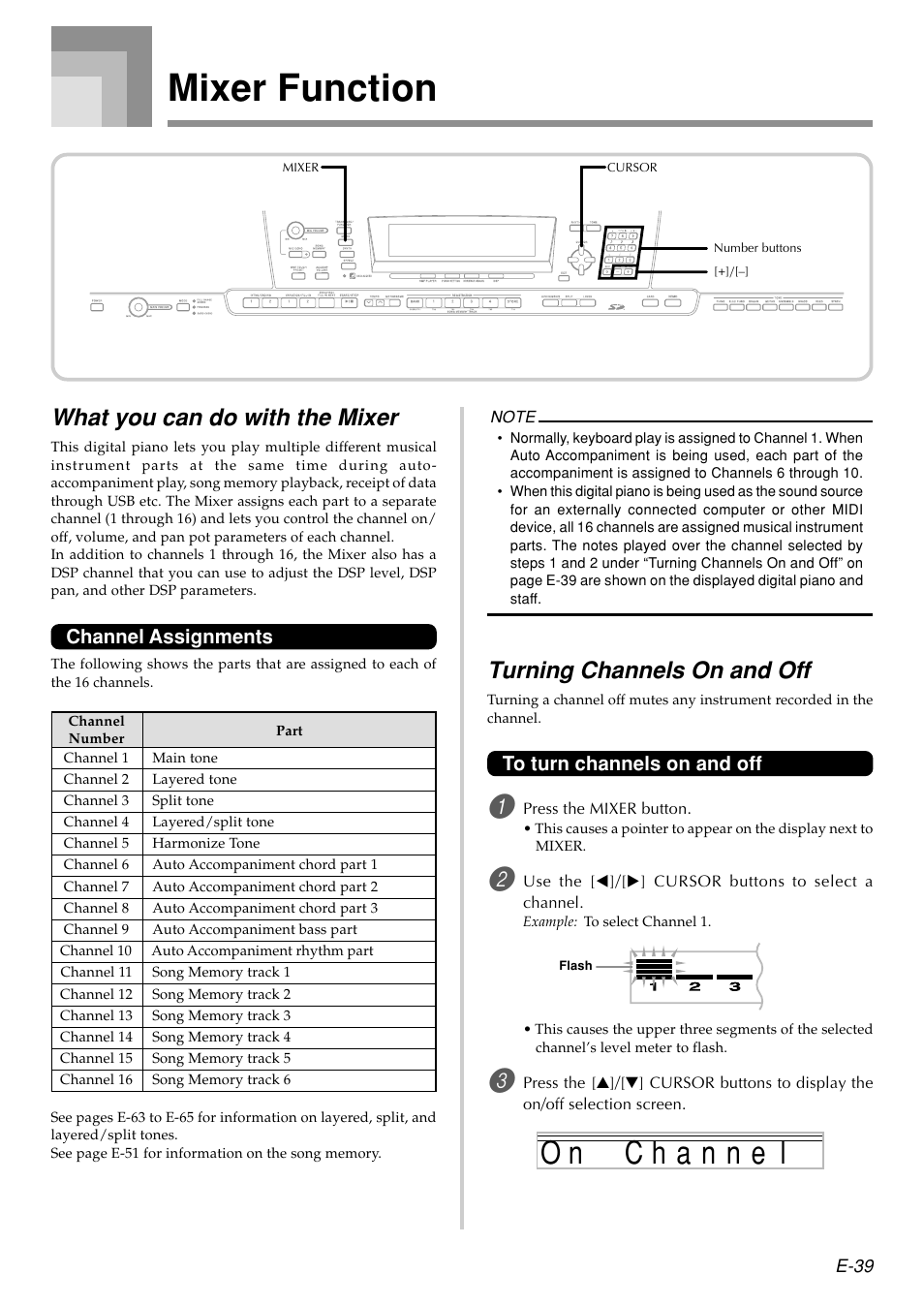 Mixer function, What you can do with the mixer, Turning channels on and off | Casio PX410R User Manual | Page 41 / 100