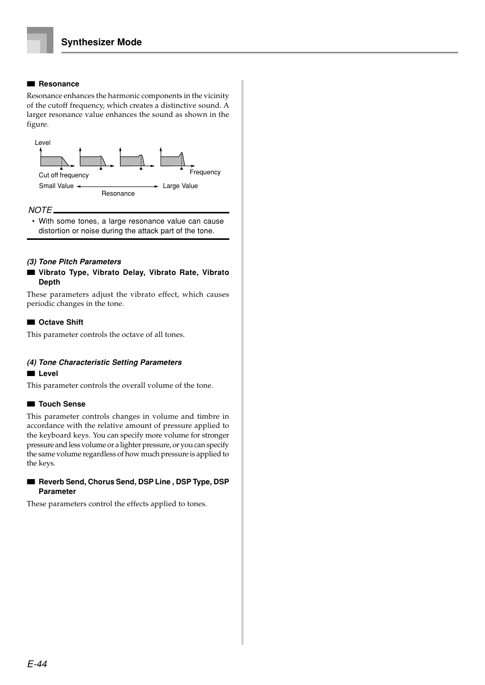 E-44, Synthesizer mode | Casio PX410R User Manual | Page 46 / 100