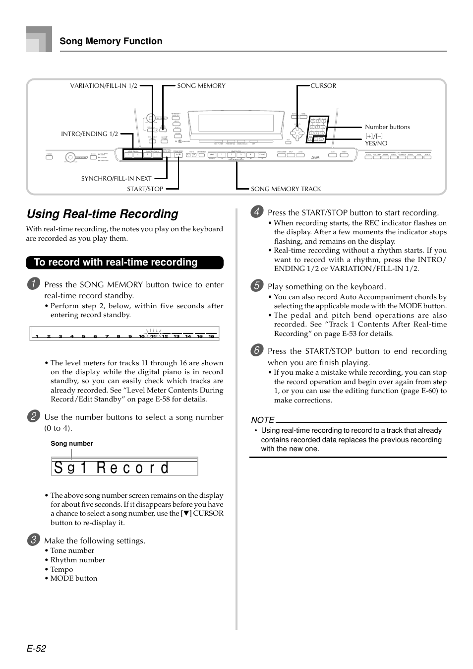 R e s, 1o r d c, Using real-time recording | Casio PX410R User Manual | Page 54 / 100