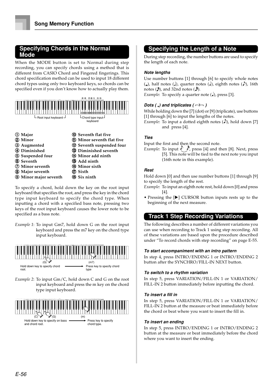 Specifying chords in the normal mode, Track 1 step recording variations, E-56 | Casio PX410R User Manual | Page 58 / 100